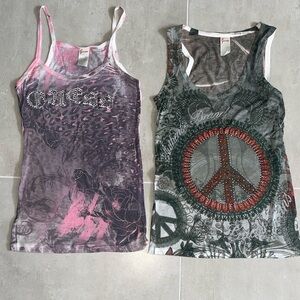 2 GUESS SHEER GRAPHIC TANKS TOPS! SIZE: SMALL in Pink and Gray! RARE!